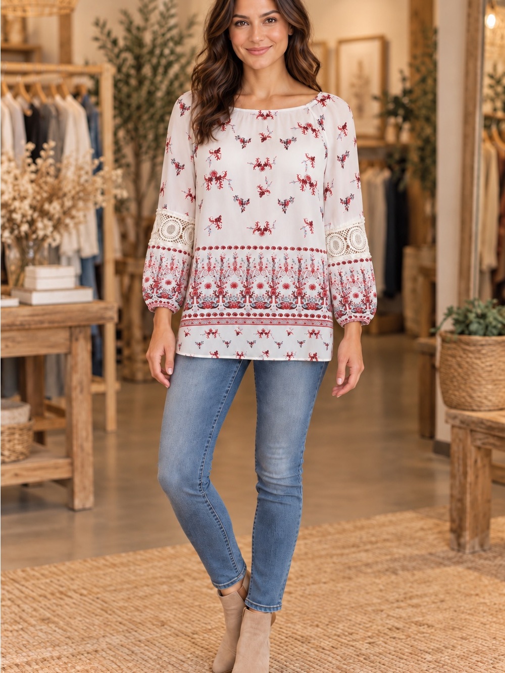 Cato Small Ivory Floral Boho Crochet Lace Sleeve Blouse A35